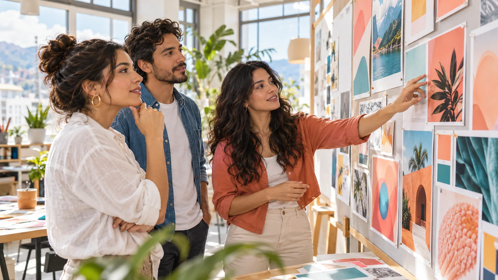 Equipo revisa propuestas visuales de campaña en un estudio creativo luminoso.