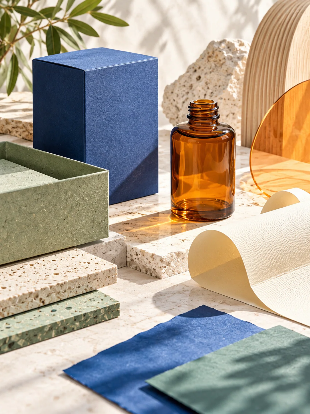 Empaques sin marca y muestras de materiales con distintas texturas y colores sobre piedra clara.