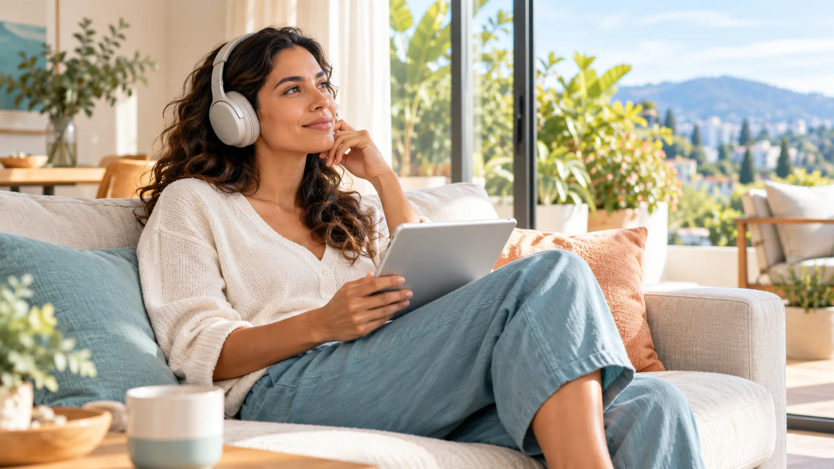 Mujer escucha contenido con audífonos mientras utiliza una tableta en una sala iluminada.