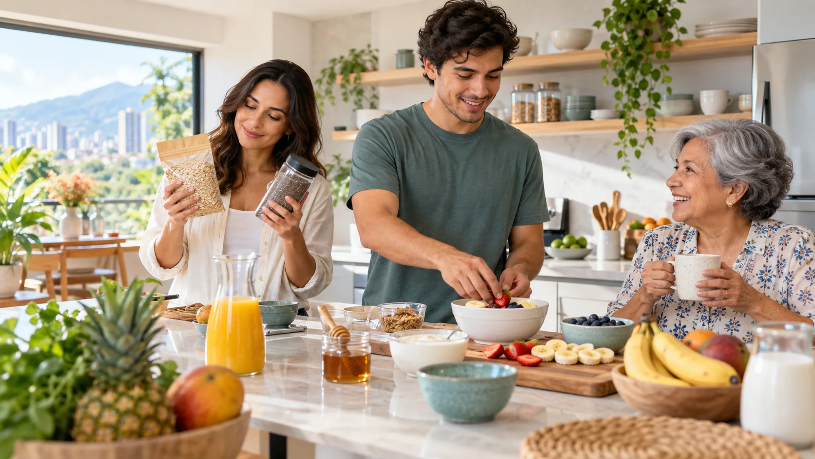 Familia multigeneracional comparte un desayuno y considera productos de consumo en una cocina luminosa.