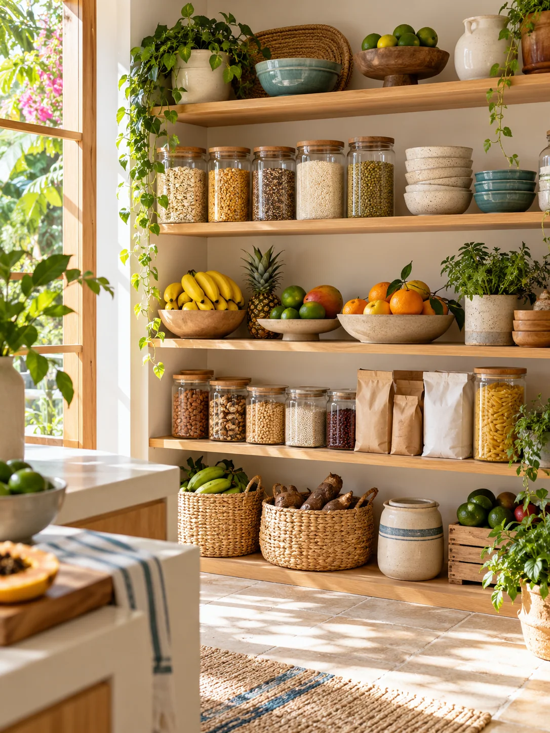 Despensa de hogar con granos, frutas y productos sin marca en un espacio luminoso.