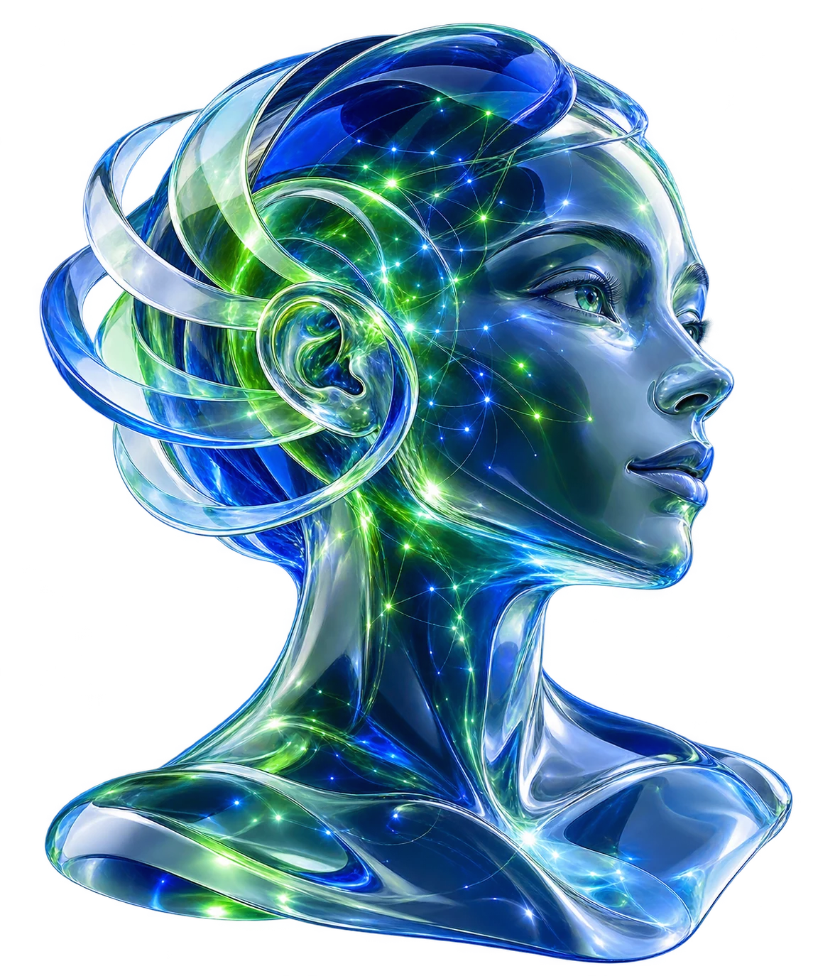 Mujer conceptual de vidrio que representa escucha profunda.