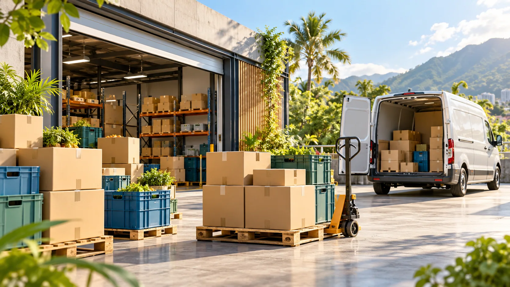 Centro de distribución conceptual con cajas, contenedores y vehículo sin marcas en un entorno luminoso.