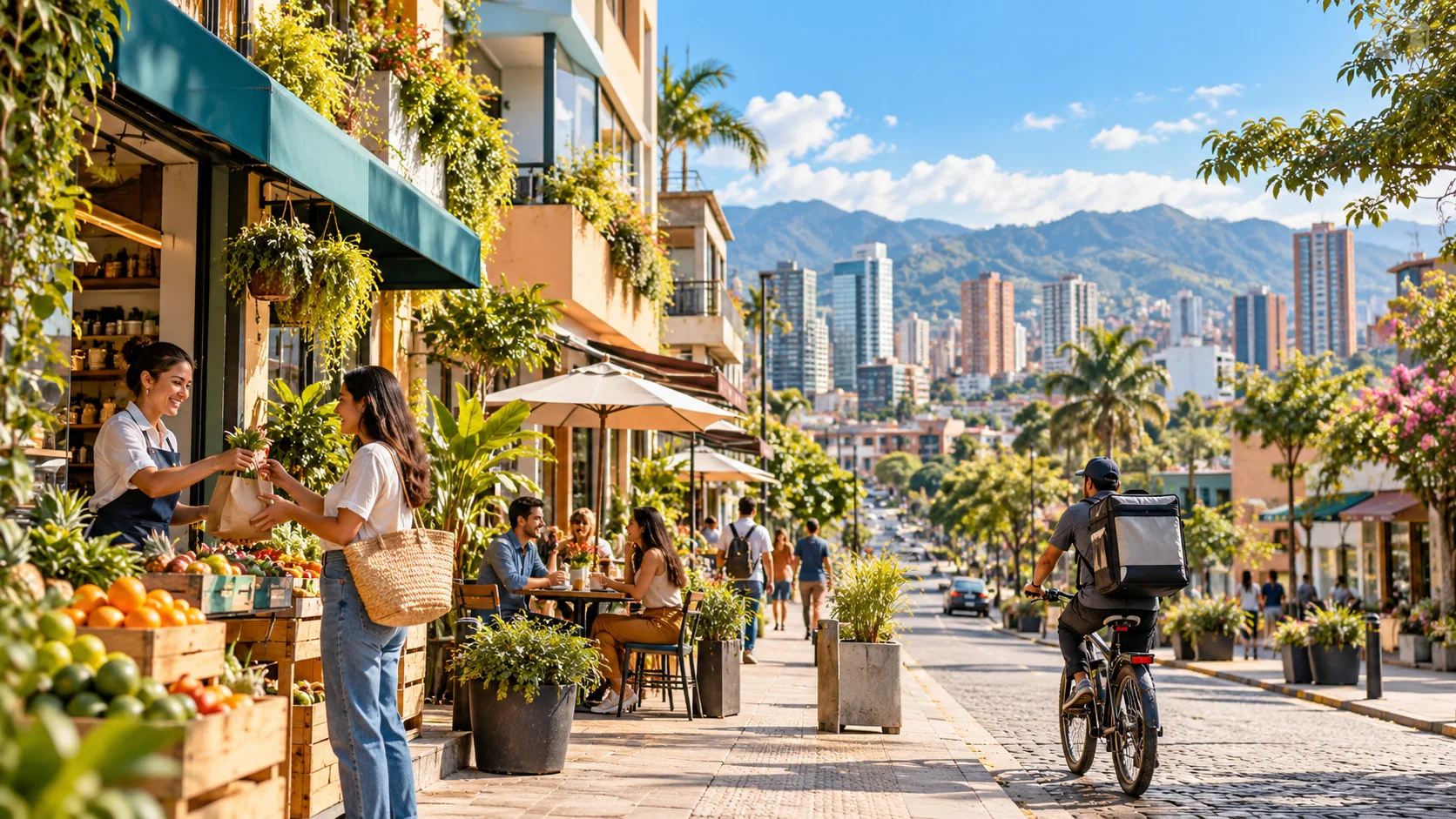 Panorama conceptual de actividad comercial y distribución en una ciudad latinoamericana luminosa.