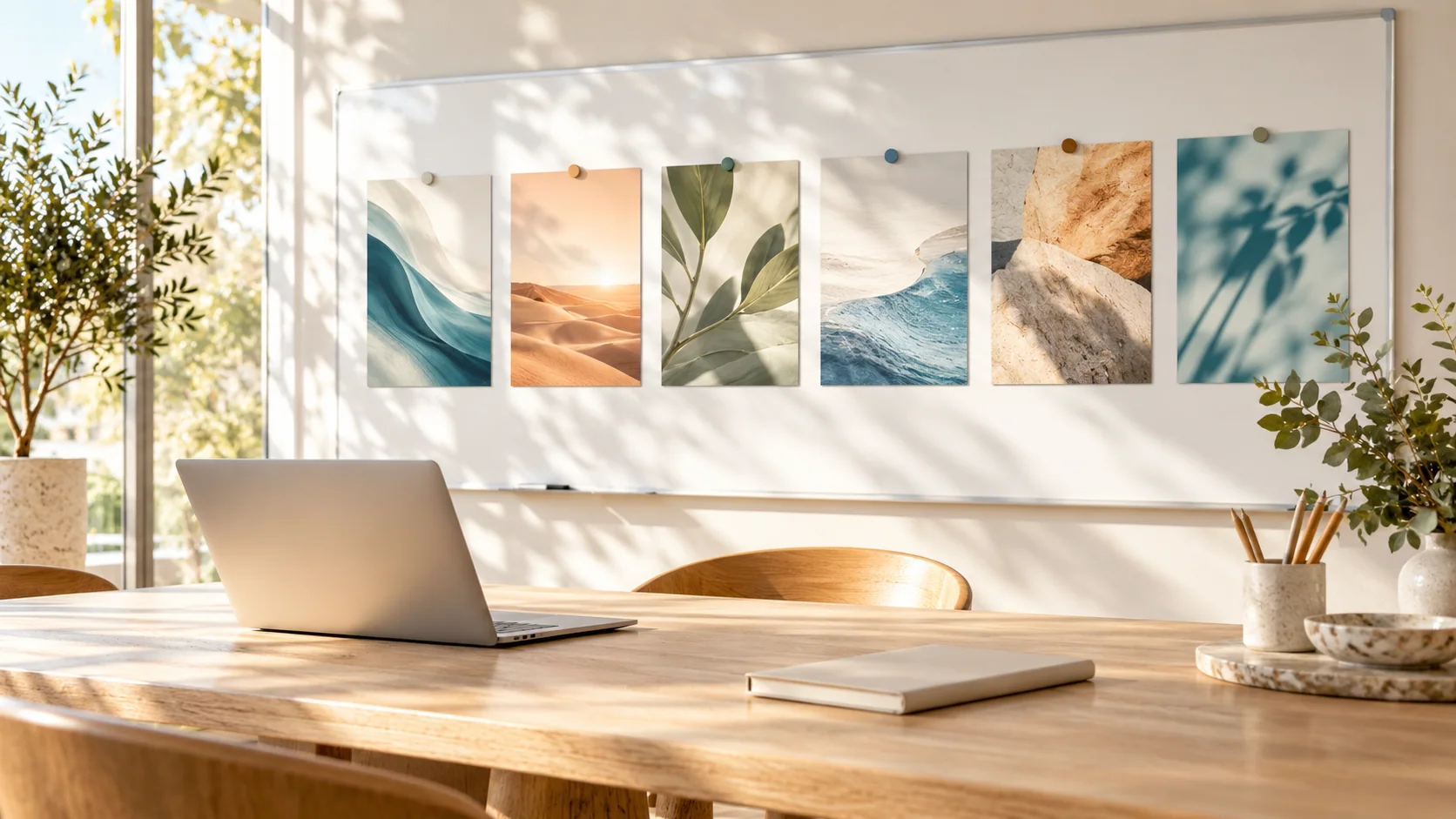 Tablero de presentación con tarjetas visuales y mesa de trabajo en un espacio luminoso.