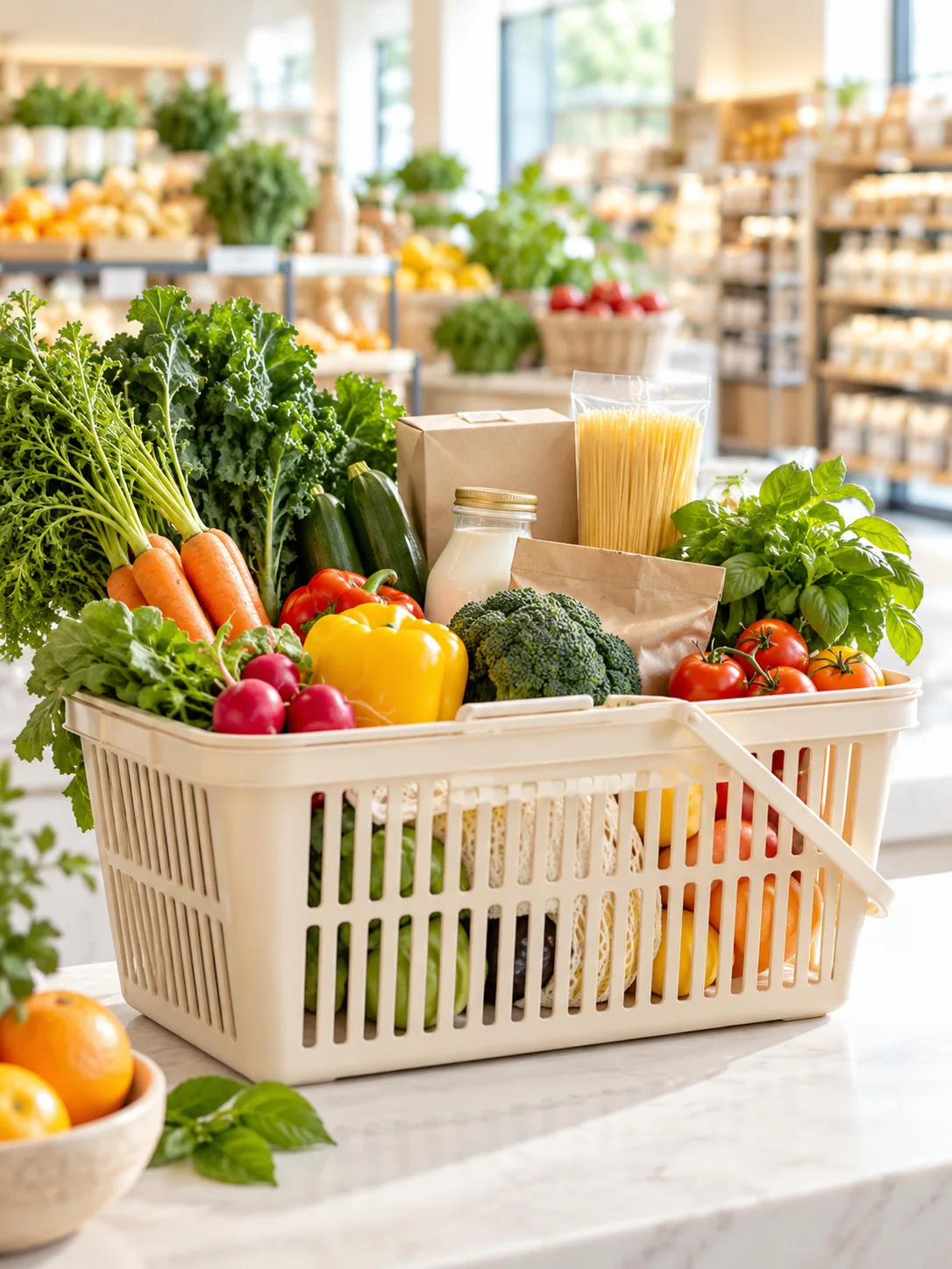Canasta de compras con productos frescos y empaques neutros sobre un mostrador claro.