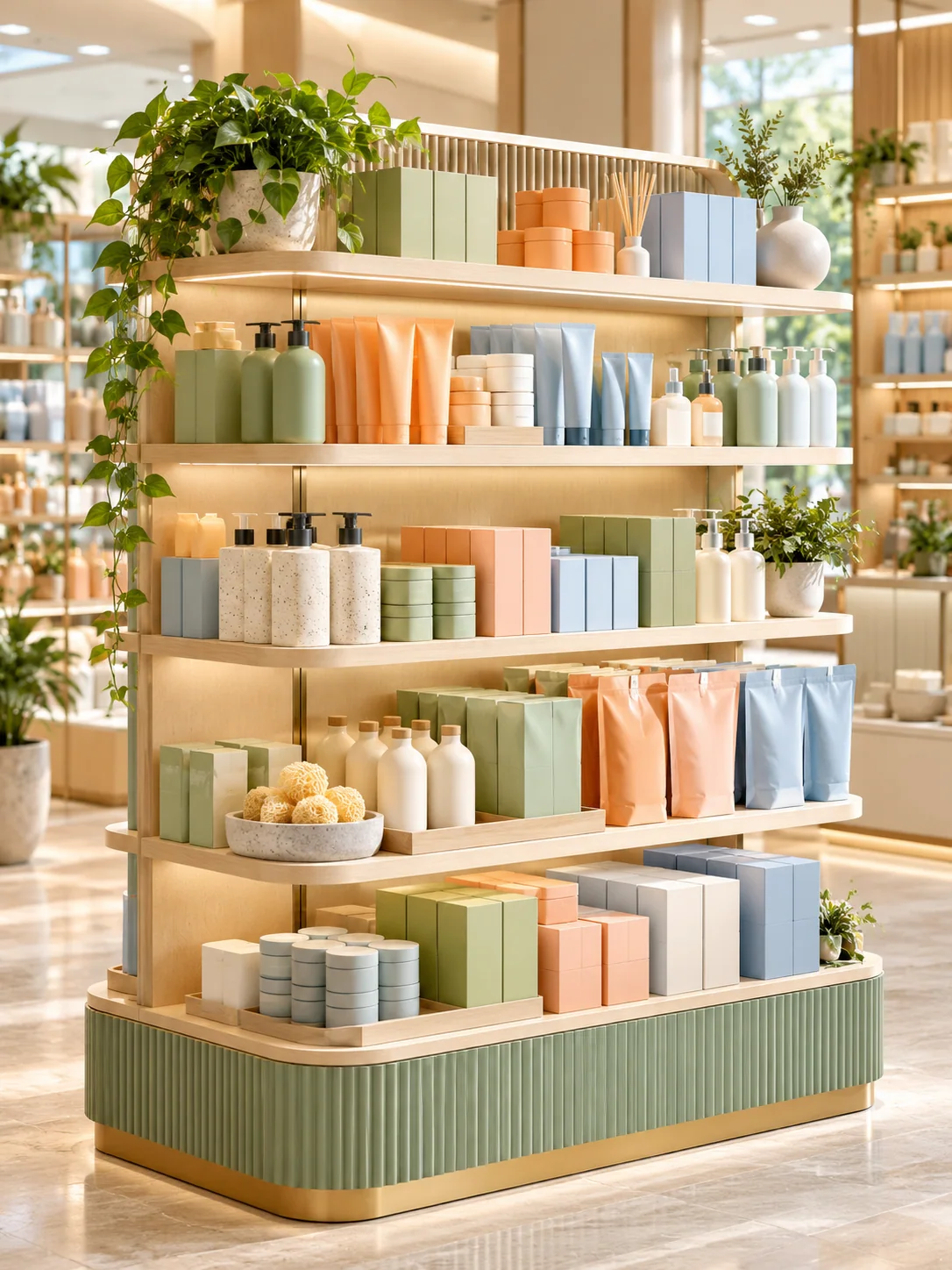 Exhibición comercial modular con productos sin marca ordenados por forma y color.